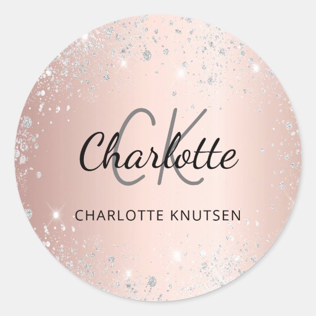 Sticker Rond Nom monogramme en argent doré rose (Devant)
