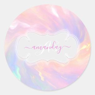 Sticker Rond Nom Monogramme Holographique Unicorne rose Princes