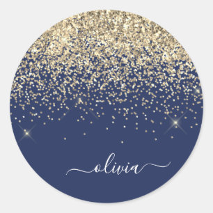 Sticker Rond Nom Monogramme Pailleté Filleul Bleu Marine Or