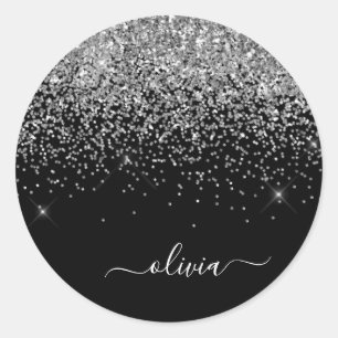 Sticker Rond Nom Monogramme Pailleté Filleul Noir Argenté