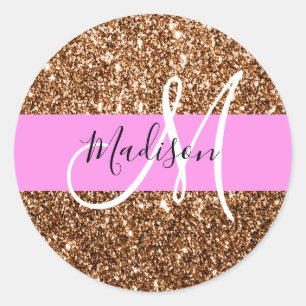 Sticker Rond Nom Monogramme Paillettes Rose & Bronze Glam