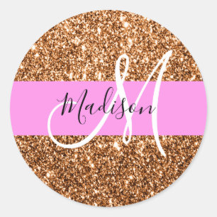 Sticker Rond Nom Monogramme Paillettes Rose & Cuivre Glamour