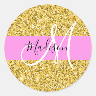Sticker Rond Nom Monogramme Paillettes Rose et Or Glamour