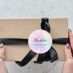 Sticker Rond Nom monographique en violet rose holographique