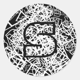 Sticker Rond Nom ou mot rétro-moderne et monogramme noir et bla