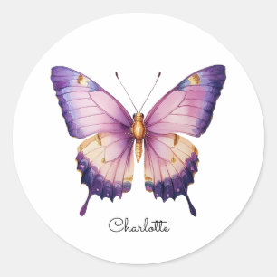 Sticker Rond Nom personnalisé avec papillon rose