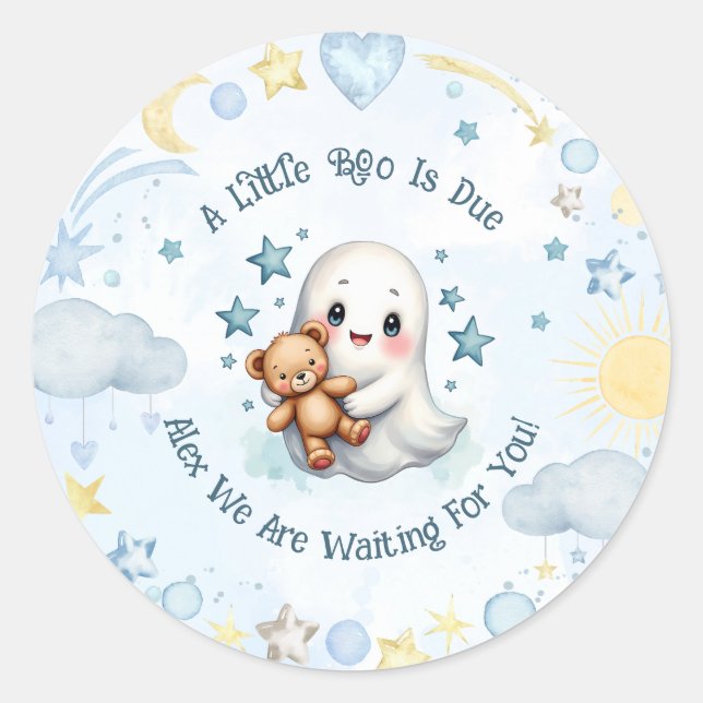 Sticker Rond Nom personnalisé Boy Baby shower mignon Ghost Boo  (Devant)