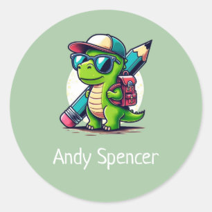 Sticker Rond Nom personnalisé Cute Boys Dinosaur Vert
