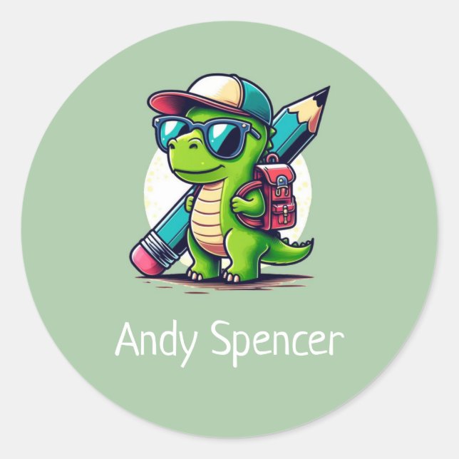 Sticker Rond Nom personnalisé Cute Boys Dinosaur Vert (Devant)