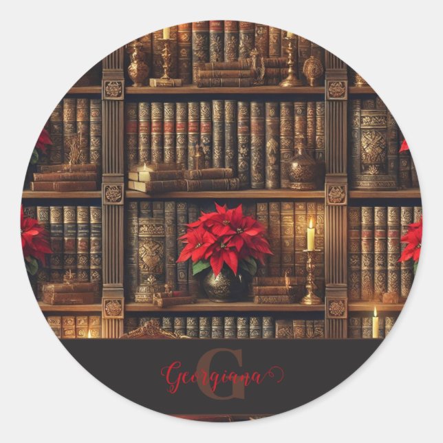 Sticker Rond Nom personnalisé Dark Academia Poinsettia Librairi (Devant)