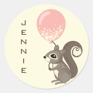 Sticker Rond Nom personnalisé Écureuil avec ballon rose