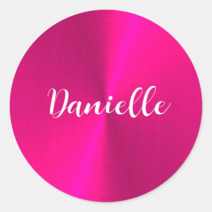 Sticker Rond Nom personnalisé en faux métal rose