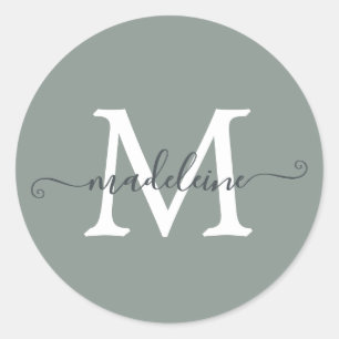 Sticker Rond Nom personnalisé en monogramme vert poussiéreux