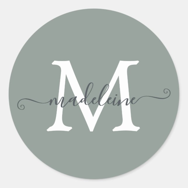 Sticker Rond Nom personnalisé en monogramme vert poussiéreux (Devant)