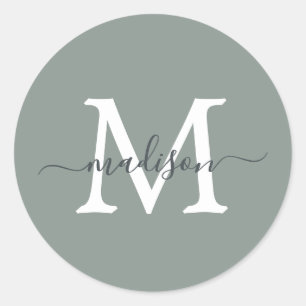 Sticker Rond Nom personnalisé en monogramme vert poussiéreux