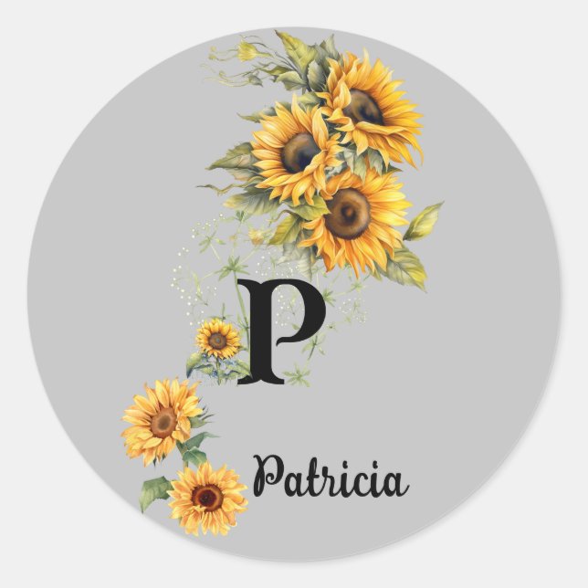 Sticker Rond Nom personnalisé et fleurs de soleil d'été initial (Devant)