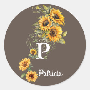 Sticker Rond Nom personnalisé et tournesol initial Jaune
