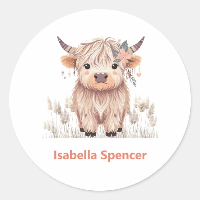 Sticker Rond Nom personnalisé Girl mignonne Modern Highland Cow (Devant)