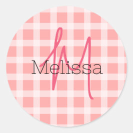 Sticker Rond Nom personnalisé initiale moderne rose pâle tartan