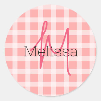 Sticker Rond Nom personnalisé initiale moderne rose pâle tartan
