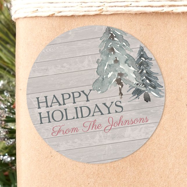 Sticker Rond Nom Personnalisé Joyeuses Vacances Aquarelle Slats (Créateur téléchargé)