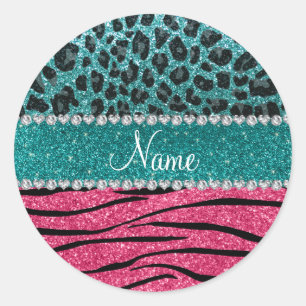 Sticker Rond Nom personnalisé leopard rose parties scintillant 