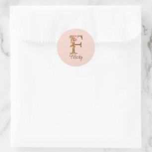 Sticker Rond Nom Personnalisé Lettre F Gold Foil Blush Roses Ro