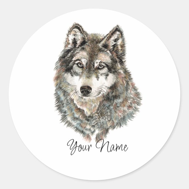 Sticker Rond Nom personnalisé ou loup de texte aquarelle Animal (Devant)