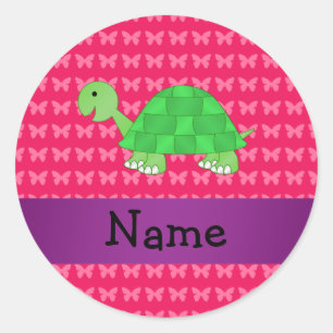 Sticker Rond Nom personnalisé papillons roses de tortue mignonn