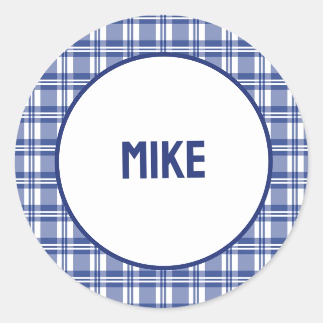 Sticker Rond Nom personnalisé | Plaid bleu (Devant)