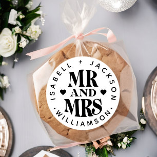 Sticker Rond Nom personnalisé simple M. Mme Mariage Heart Favor