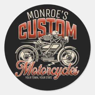 Sticker Rond Nom personnalisé Skeleton Motorcycle Boutique