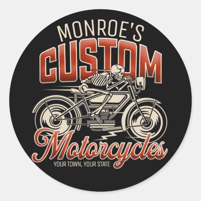 Sticker Rond Nom personnalisé Skeleton Motorcycle Boutique (Devant)