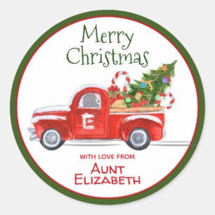 Sticker Rond Nom personnalisé Vintage Truck Rouge Noël Fête 