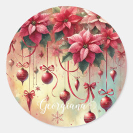 Sticker Rond Nom personnalisé Whimsica Poinsettia Baubles de No