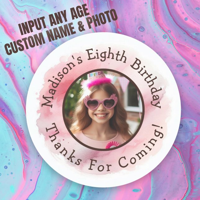 Sticker Rond Nom photo personnalisé Aquarelle Anniversaire Merc (Custom Photo Name Watercolor Birthday Thank You Classic Round Sticker)