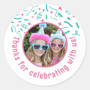 Sticker Rond Nom photo personnalisé Confetti Anniversaire Merci
