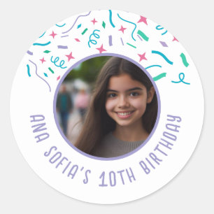 Sticker Rond Nom Photo Personnalisé Tout Age Confetti Anniversa