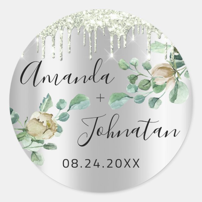 Sticker Rond Nom Sauvegarder La Date Gouttes Argent Vert Menthe (Devant)