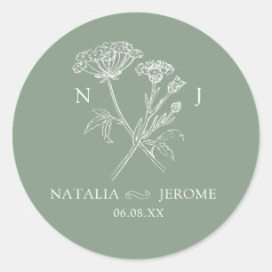 Sticker Rond Nom vert et date mariage du monogramme fleur sauva