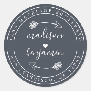 Sticker Rond Noms Arrow en bleu Mariage Adresse de retour