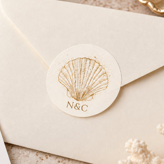Sticker Rond Noms coquillages dorés élégants Initiales Mariage