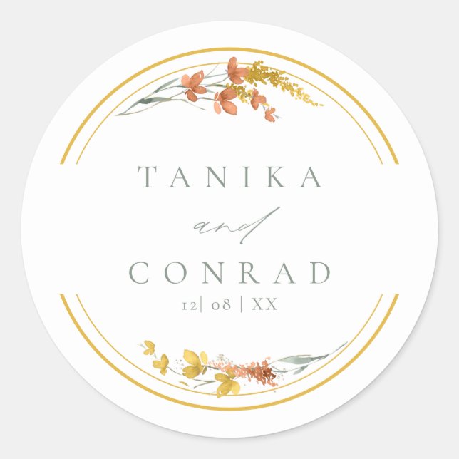 Sticker Rond Noms d'aquarelle Mariage fleur sauvage Gold ID954 (Devant)