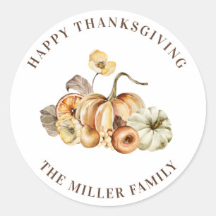 Sticker Rond Noms de citrouilles à l'aquarelle Joyeux Thanksgiv