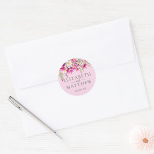 Sticker Rond Noms de Mariages floraux Fleurs sauvages rose vif