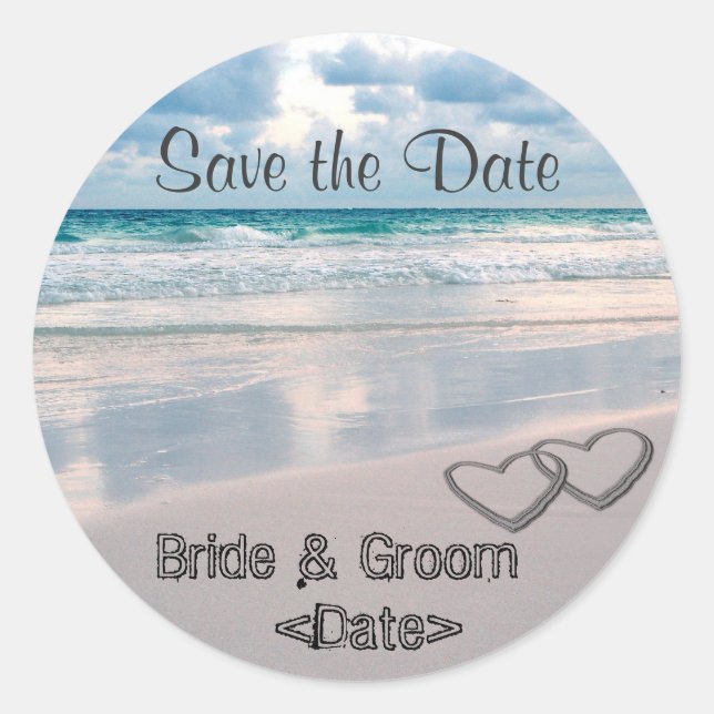 Sticker Rond Noms de mariée et de chambre écrits dans le sable (Devant)