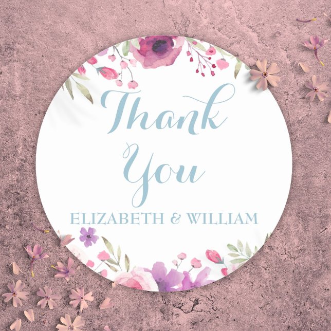 Sticker Rond Noms de Merci de script Rose d'aquarelle (Watercolor Roses Script Thank You Names Classic Round Sticker)
