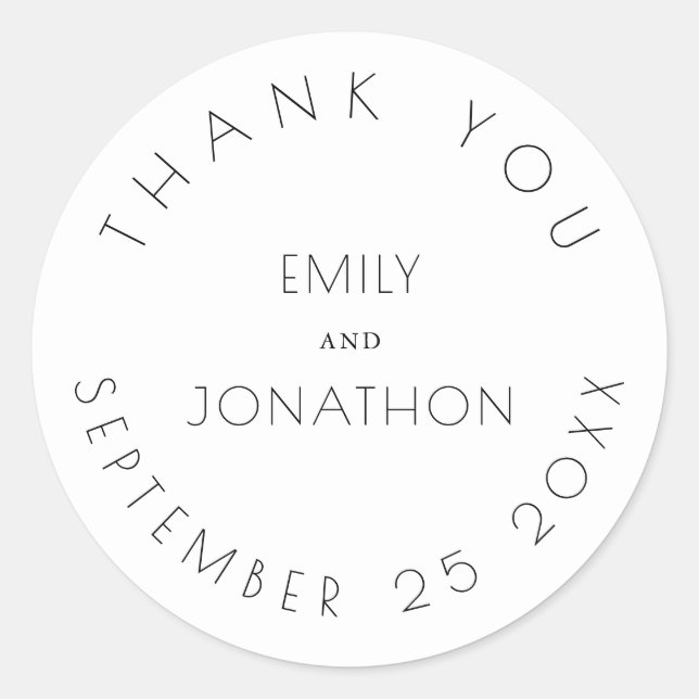 Sticker Rond Noms de Merci Mariage simple Date Blanc Noir (Devant)