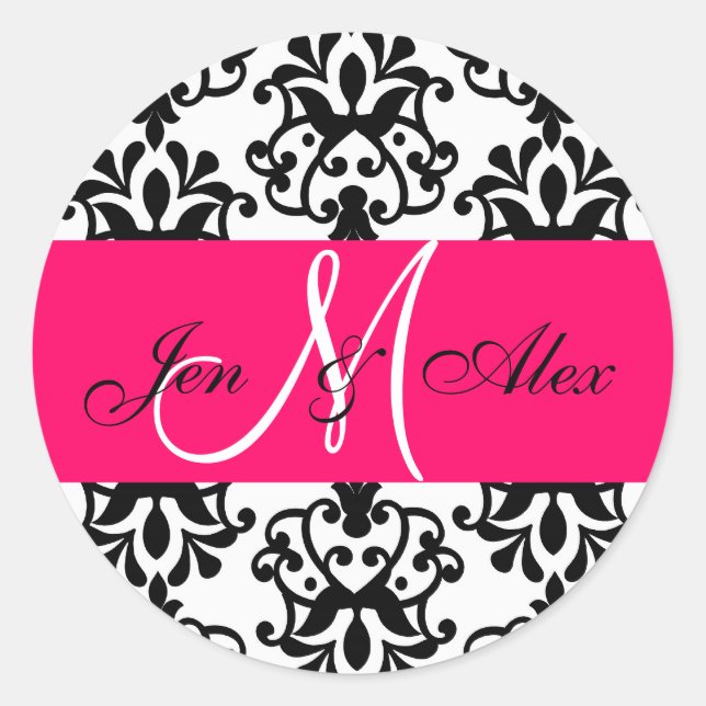 Sticker Rond Noms de monogramme rose chaud Mariage damassé Seal (Devant)
