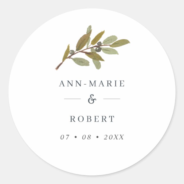 Sticker Rond Noms des Mariages de la branche d'olivier rustique (Devant)